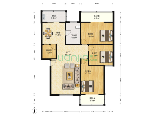 管城花园 3室2厅1卫 136平方