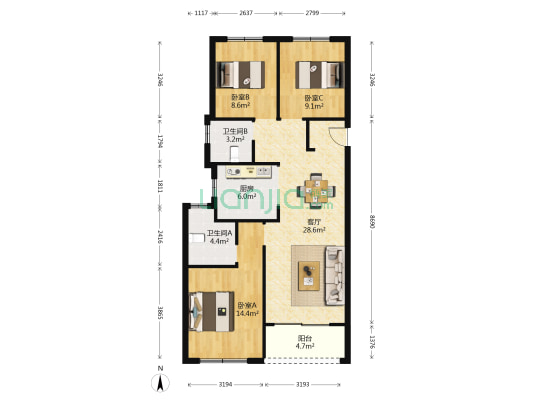金成紫辰花园 3室1厅2卫 87平方