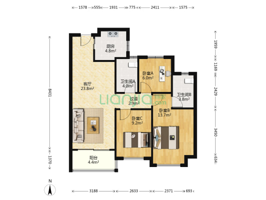 绿景喜悦花园 3室1厅2卫 97平方