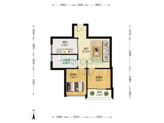 天健世纪花园 2室1厅1卫 46平方