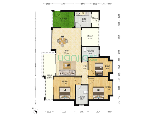 恒宇万麓湖 3室1厅2卫 118平方