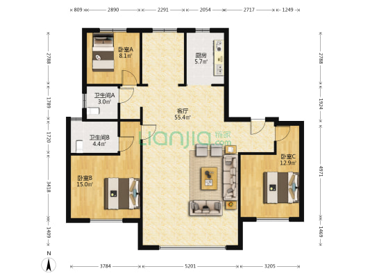 花海国际 3室1厅2卫 145平方