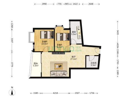 爱家园 2室1厅1卫 78平方