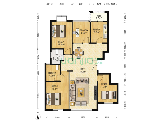 首创爱这城四期 3室1厅1卫 120平方