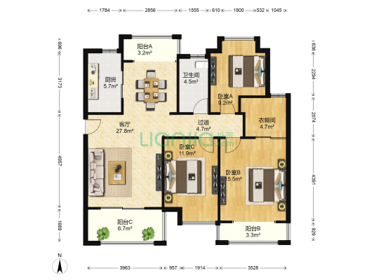 绿地国际博览城一期君珑 3室1厅1卫 123平方