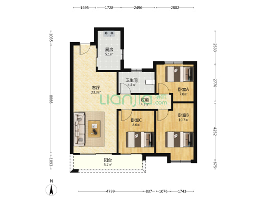环球融创会展上东区东一区 3室1厅1卫 94平方