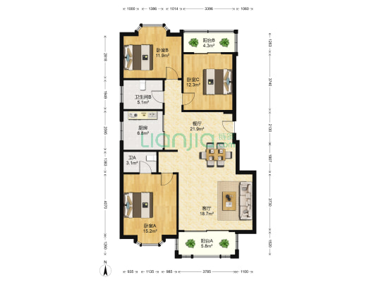 新湖绿都 3室2厅2卫 122平方