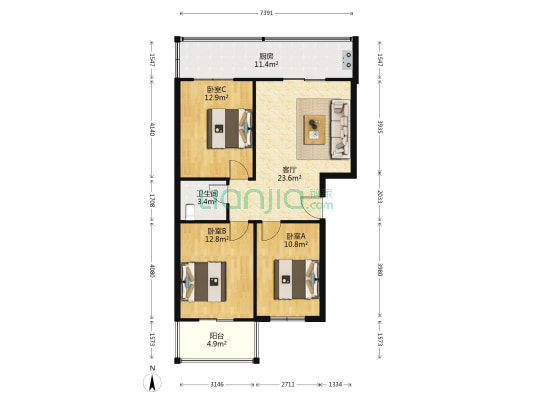 兴安宿舍  3室1厅1卫 100平方