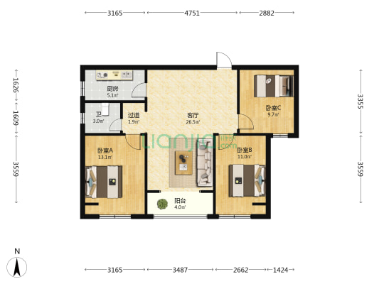 龙湖和棠 3室1厅1卫 108平方