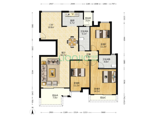 东海蓝湾一期 3室1厅2卫 136平方