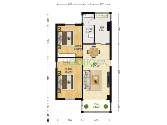 广园中路363-381号宿舍（单号） 2室1厅1卫 85平方