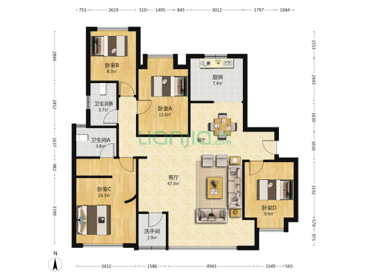 中海国贸上城 4室1厅3卫 142平方