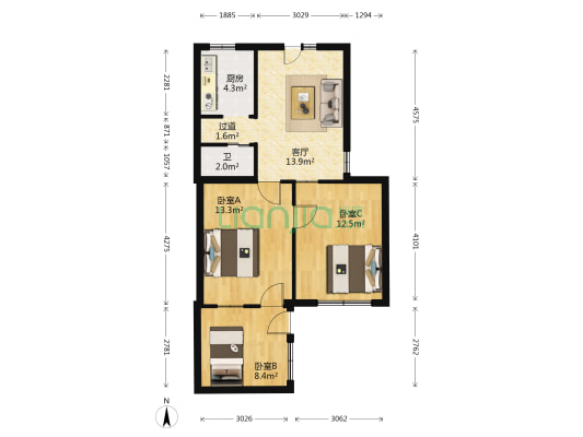 物资局大院 3室1厅1卫 62平方