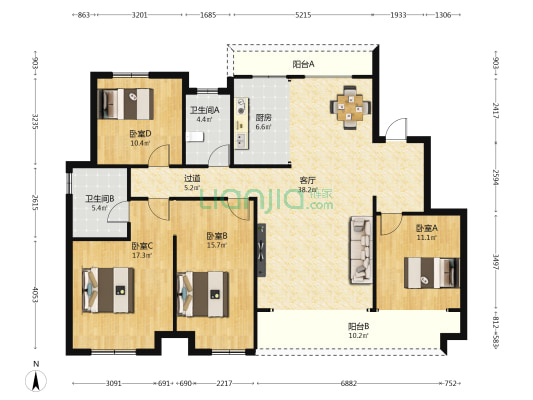 置地天中第一城南苑二期 4室1厅2卫 162平方