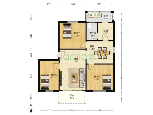 动力小区 3室2厅1卫 97平方