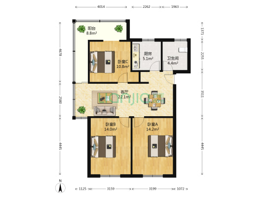 湖北省人力资源和社会保障厅宿舍 3室1厅1卫 90平方