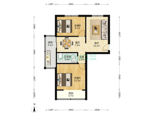 武装部小区 2室2厅1卫 62平方