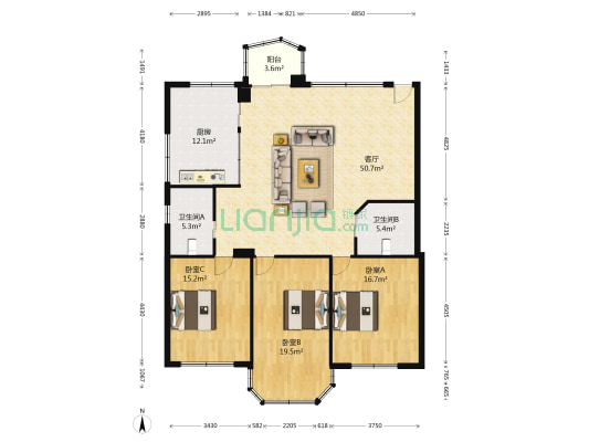 银海大厦 3室1厅2卫 165平方