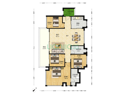 中海保利朗阅 4室1厅2卫 128平方