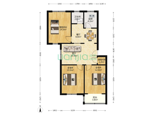 团结路20号 2室2厅1卫 91平方