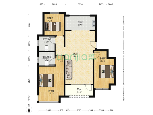 樾府国际 精装三居 带大阳台 三阳开泰通风好 有钥匙-户型图
