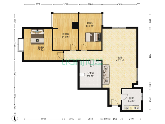迎泽数码高层 3室1厅1卫 136平方