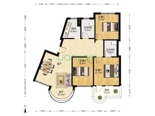 中房望仙坡小区 3室1厅2卫 105平方