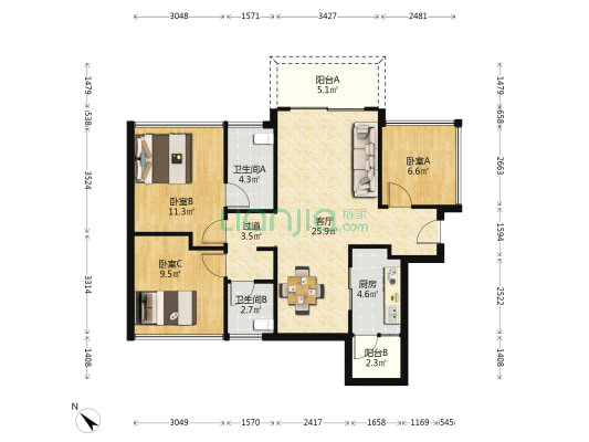 龙光玖誉府 3室1厅2卫 89平方