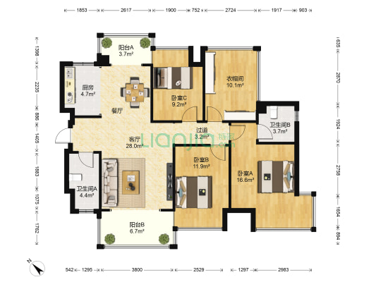 万达华府C区 3室1厅2卫 120平方