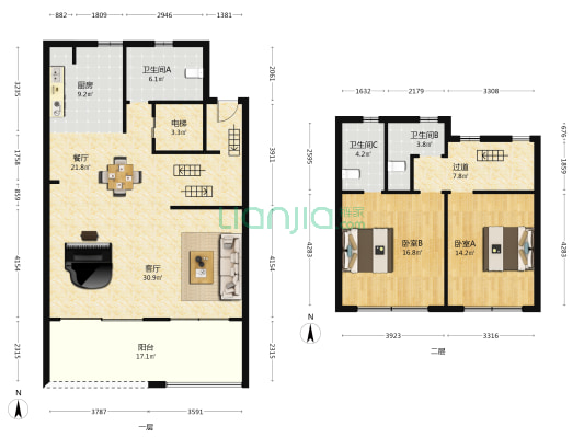 富江春居 2室2厅3卫 140平方