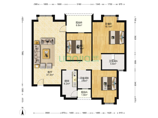 怡警花园南区 3室1厅2卫 119平方