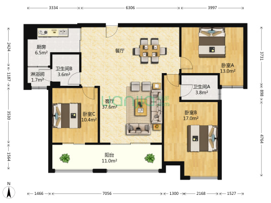 金科新大陆 3室1厅3卫 127平方