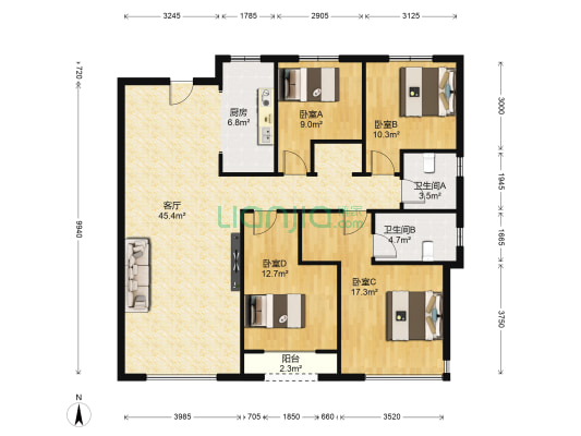 保利紫荆公馆三期 4室1厅2卫 136平方
