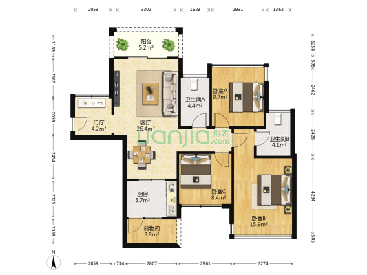绿城华府 3室1厅2卫 88平方