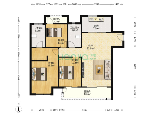 九龙仓碧玺A区 3室1厅2卫 128平方