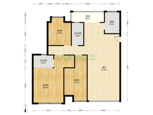 吉首市人民检察院宿舍 3室1厅2卫 156平方