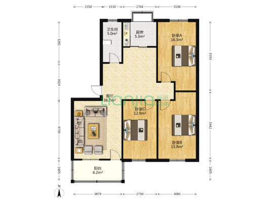 市老干部局家属院 3室1厅1卫 116平方