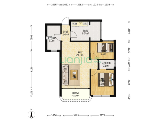 龙都花园 2室1厅2卫 79平方