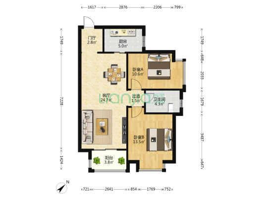 海南绿地城润园 2室1厅1卫 84平方