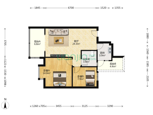 现代新居A区 2室1厅1卫 77平方