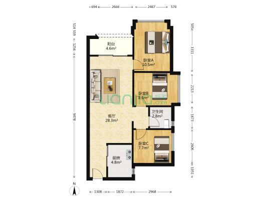 保利中航城花园一期 3室1厅1卫 82平方