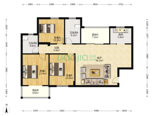 杏林花苑 3室1厅2卫 132平方