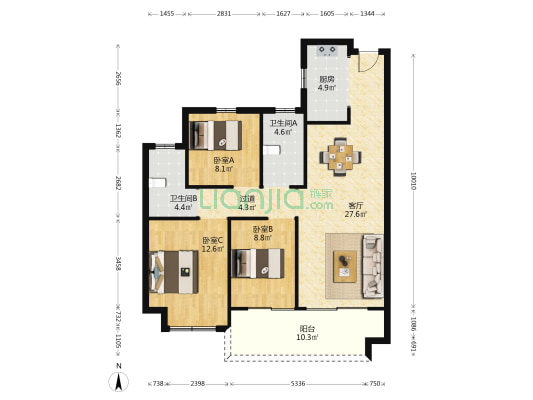 金辉优步花园 3室1厅2卫 106平方