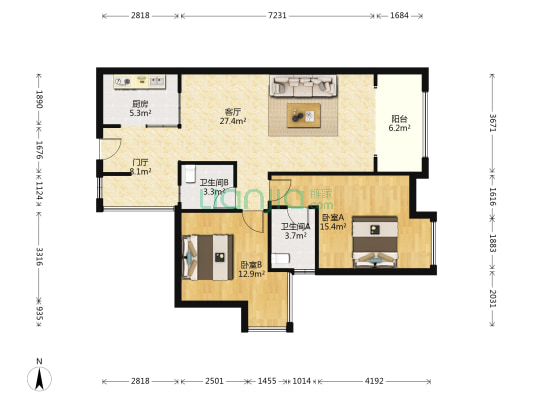 时代天骄 2室1厅2卫 118平方