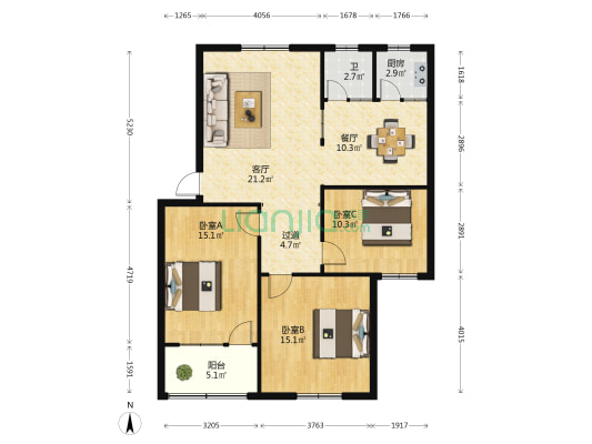 二橡胶厂家属院 3室2厅1卫 108平方