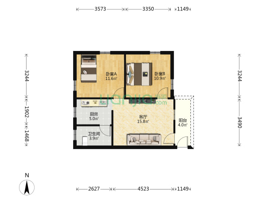蓬莱小区 2室1厅1卫 55平方