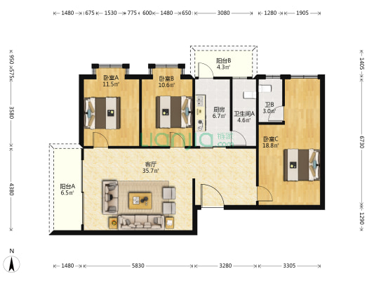 凯茵豪庭 3室1厅2卫 120平方