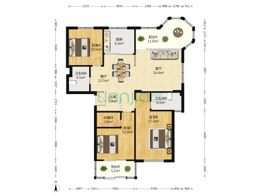 凯旋景苑 3室2厅2卫 128平方