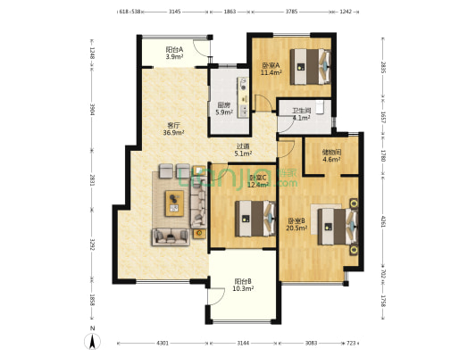 恒大翡翠华庭C区 3室1厅1卫 138平方