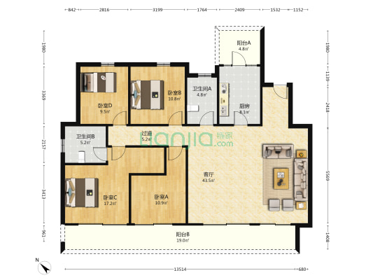 城南壹号 4室1厅2卫 145平方